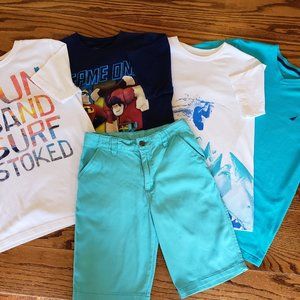 Boys 5 Piece Lot Shorts 4 T-Shirts Surf Sharks Sun Sand Surf Turquoise 10 12 14